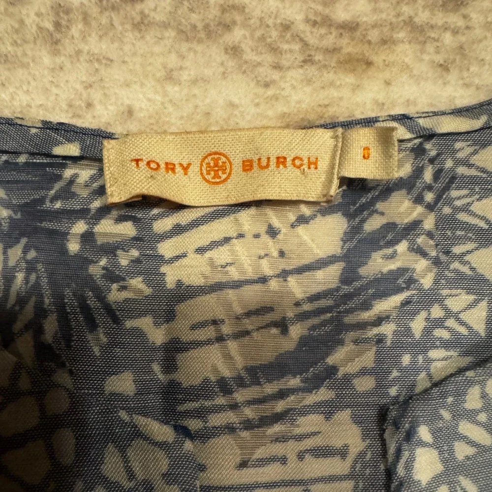 Tory Burch Blue White Abstract Botanical Print Long Sleeve Tunic Top Size 0